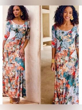 Soft Surroundings Multicolor Floral Scoop Neck Maxi Dress Jersey Knit 3/4sleeves